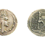 44. Tigranes II the Great-ARTAXIAD KINGDOM. Tigranes II the Great (95-56 BC). AR tetradrachm (26 mm, 15.31 gm). Minted in Tigranocerta, ca. 80-68 BC. Obverse: Diademed and draped bust right, wearing tiara with starburst between eagles standing outward, Reverse: BAΣIΛEΩ-Σ / TIΓPANOY Tyche seated on rock holding palm, river god Orontes swimming right before; Θ in inner right field next to Orontes' head, HΔ monogram on rock.